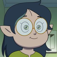 a cartoon girl with glasses and green shirt looking at something in front of her face