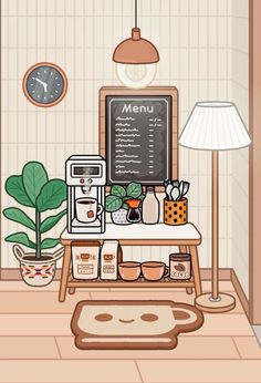 a coffee shop with a menu on the chalkboard and potted plants next to it