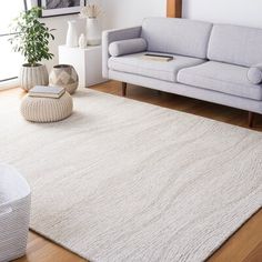 a living room with a white rug and two couches in front of a window