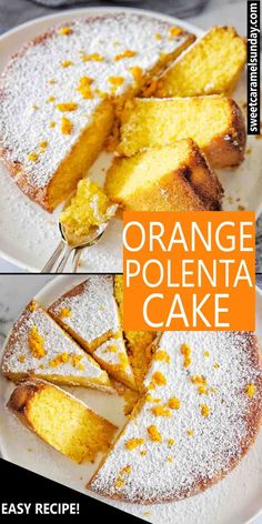 orange polenta cake with powdered sugar on top and an orange text overlay