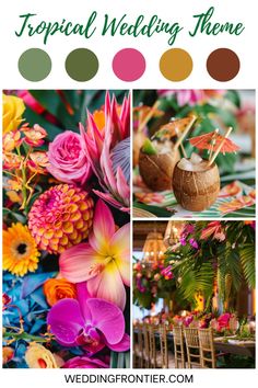 tropical wedding theme with flowers and palm leaves