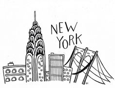 the new york skyline is drawn in black and white