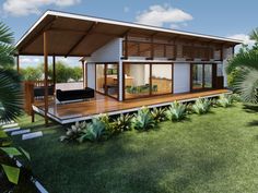 a rendering of a beach house in the middle of palm trees and grass with an open porch