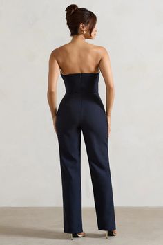 Bellezza Navy Bandeau Corset Wide Leg Jumpsuit – Club L London - USA Navy Jumpsuit, Black Dress Prom, Black Tie Gala, Maternity Jumpsuit, Strapless Bandeau, Corset Bodice, Party Dress Long Sleeve, Strapless Jumpsuit, Christmas Party Dress