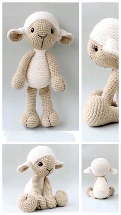 four pictures of stuffed animals made out of crocheted yarn, including a lamb and sheep