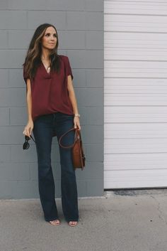 Olive Pants Outfit, Teacher Clothes, Teaching Outfits, Burgundy Blouse, Casual Fridays, Perfect Denim, Burgundy Top, Outfit Jeans