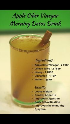 Apple Cider Vinegar Morning, Vinegar Drinks, Apple Cider Vinegar Drink, Detox Water Recipes, Diet Drinks, Healthy Detox, Water Recipes