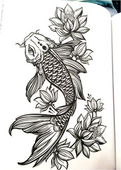 a koi fish with flowers in it's mouth and water lilies on the side