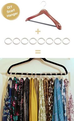 an image of clothes hanging on a hanger with the words, diy hanger and shower curtain rings