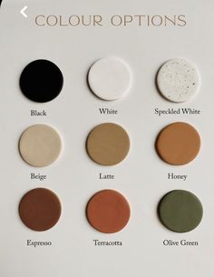 the different shades of eyeshades are shown on a white sheet with black, brown, and green