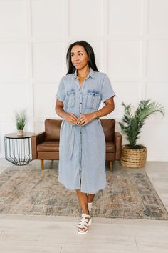 Make a statement with the unique Wait for it Denim Shirtdress! This lightweight chambray dress features a button front and self-tie belt for a timeless look that flatters any shape. Crafted with 100% Tencel for a comfortable, breathable fit, it's the perfect addition to any wardrobe! Lightweight Chambray Button Front Self Tie Belt Belt Loops 100% Tencel True to Size S: Chest 40" Hip 44" Length 42"M: Chest 43" Hip 46" Length 42"L: Chest 45" Hip 48" Length 42"1XL: Chest 51" Hip 54" Length 45"2XL: Button Down Denim Dress, Wait For It, Denim Shirt Dress, Chambray Dress, Judy Blue Jeans, Shirtdress, Dress Romper, Tie Belt, Boyfriend Jeans