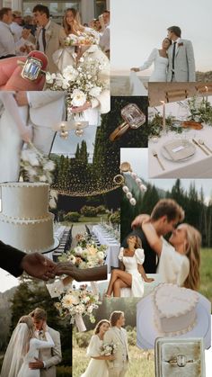 a collage of wedding pictures with bride and grooms in the background, including cake