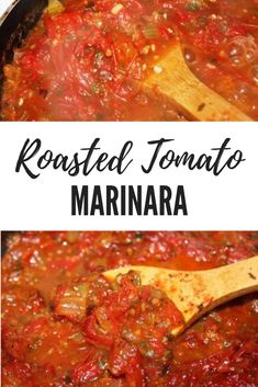 roasted tomato marina in a skillet with a wooden spoon and title text reads roasted tomato marina