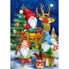 a painting of three gnomes and a reindeer by a christmas tree with presents on it