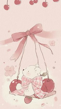 a drawing of a teddy bear with apples hanging from it's back on a string