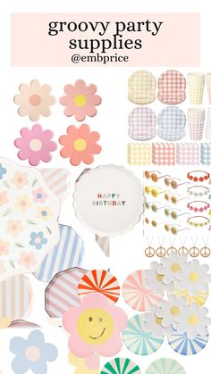 an assortment of party supplies with the words grooy party supplies on it