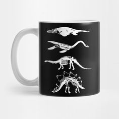 three different types of dinosaurs on a black and white mug