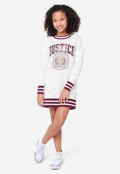 Justice Branded Girls Sweatshirt Dress | Justice Girls Sweatshirt Dress, Class Dress, Dress Pearl, Kids Clothes Sale, Girls Sweatshirt, Shop Justice, Matching Sets Outfit, Pearl Pink, Sustainable Swimwear