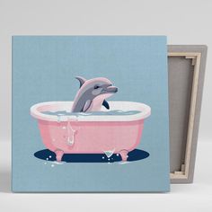 a pink bathtub with a dolphin in it and a wooden frame on the wall