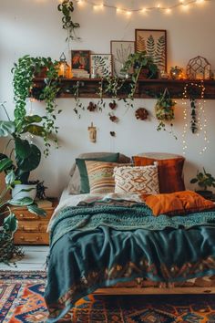 a bed with lots of plants on the wall above it and lights hanging from the ceiling