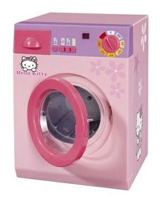 a pink washing machine with hello kitty on the front