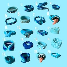 various types of bracelets and rings on a blue background with numbers in the middle