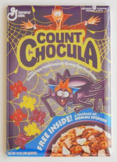 the front of a box of cereal with an image of a creepy spider on it