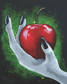 a painting of an apple being held in the air by someone's hand with black nails