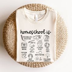 "Embrace the role of a dedicated homeschooling mom with our \"Homeschool Is\" shirt, designed to celebrate your passion for education at home. This thoughtful shirt makes a perfect gift for any homeschooler and proudly showcases your commitment to being a home educator. Whether you're an experienced homeschooling mom or just starting your journey, wear this shirt with pride and let your faith shine as a Christian homeschool mom. ☀️☀️☀️ >>Printed on Unisex Bella + canvas Tee >>Direct to garment printing >>Size up 1-2x for the popular oversized tee look! >>See size chart, and measure a favorite shirt of yours to compare lengths/widths Items are made to order, and cannot be returned unless there is a damage issue. So please check your choices! If there is a problem with your order please reac Homeschool Shirt Ideas, Homeschool Mom Outfits, Homeschool Gifts, Homeschool Shirts, Christian Homeschool, School Mom, Homeschool Kids, Graduation Shirts, Bella Canvas Tees