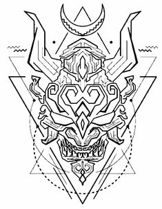 an abstract drawing with geometric shapes and lines in the shape of a demon head on a white