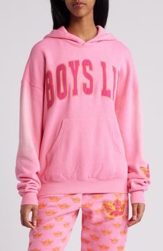 A boldly sized logo is highlighted with contrast embroidery on a cotton-blend hoodie designed with a cozy kangaroo pocket and signature cherub embroidery branding the sleeve. 26" length (size Medium) Fixed hood Long sleeves Kangaroo pocket Dropped shoulders Ribbed cuffs and hem 66% cotton, 21% rayon, 13% polyester Machine wash, tumble dry Imported Varsity Pink Sweatshirt For Streetwear, Pink Varsity Sweatshirt For Streetwear, Pink Long Sleeve Hoodie With Embroidered Logo, Crew Hoodie With Embroidered Logo For Streetwear, Streetwear Crew Hoodie With Embroidered Logo, Varsity Cotton Hoodie With Embroidered Logo, Pink Hooded Sweatshirt With Embroidered Logo, Varsity Cotton Hoodie For Loungewear, Hooded Sweatshirt With Embroidered Logo For Loungewear