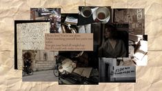 a collage of photos with coffee, books and papers on it that include words from the past