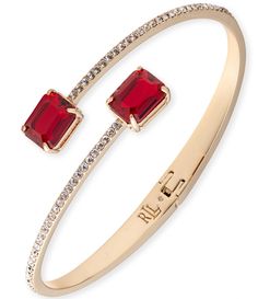 From Lauren Ralph Lauren&#x2C; this bracelet features: Cuff bracelet Gold-tone hardwareHinge closureApprox.  2.5" diameterImported. Ralph Lauren Bracelet, Rose Gold Bracelet For Women, Cuff Bracelet Gold, Ruby Bracelet, Gold Bracelet For Women, Red Cherry, Gold Bracelet Cuff, Rose Gold Bracelet, Rhinestone Jewelry