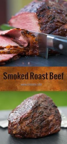 there is a large piece of meat with a knife on it and the words smoked roast beef