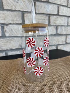 Red and White Peppermint Holiday 16oz Glass Tumbler with Lid and Glass Straw, Holiday Iced Coffee Glass, Christmas Gift, Fun Christmas Glass Peppermint Candies, Peppermint Candy, Glass Straws, Fun Christmas, Gift Exchange, Christmas Items, Glass Tumbler, Tumblers With Lids