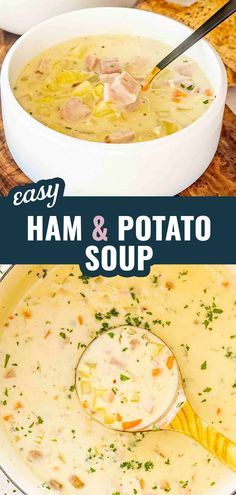 ham and potato soup in a white bowl with a ladle full of soup on the side