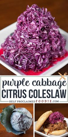 purple cabbage citrus coleslaw on a white plate