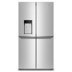 a stainless steel refrigerator freezer with water dispenser and ice maker on the door