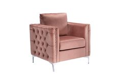 a pink chair with studding on the armrests and back rests against a white background