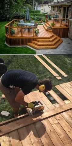 two pictures side by side one shows a deck and the other shows a man working on it