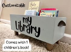 a children's book bin with the words, my library comes with 1 children's book