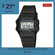 Day or night, experience accurate timing from this digital sport watch. Its retro-inspired square shape introduces an unexpected coolness to your wardrobe.Bracelet Dimensions: 9" long; 21.02mm wideModel No.: F105W-1ASpecial Features: 1/100-second stopwatch; date display; daily alarm; EL backlight; hourly time signal; auto calendarNumber of Batteries: 1Features: Stopwatch, Alarm, Water Resistant, Digital, Quick ShipJewelry Closure: BucklePower Source: Battery (included)Watch Movement: QuartzWate… Black Chronograph Watch With Alarm, Black Digital Watch With Stopwatch And Rectangular Dial, Black Outdoor Watch With Alarm, Classic Black Digital Watch With 10atm Water Resistance, Classic Black Digital Watch With Stopwatch, Classic Black Watch With Stopwatch, Classic Black Watch Accessories With Stopwatch, Casio Illuminator, Digital Sports Watches