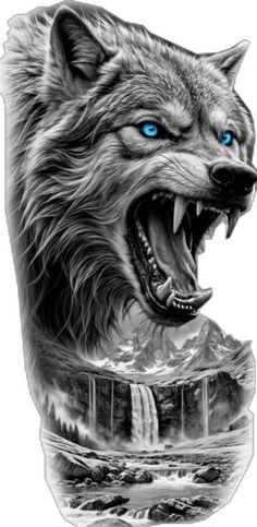 a wolf with blue eyes is shown in this tattoo art design, which features an image of