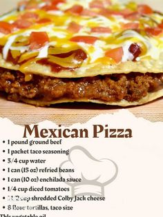 the mexican pizza is ready to be eaten on the table with instructions for how to make it