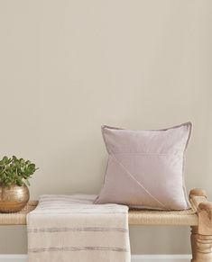 a wooden bench with two pillows and a potted plant