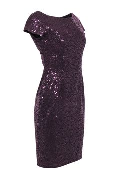 Shimmer into the new year, or any celebratory event, with this party-ready dress by David Meister. A deep purple hue is highlighted by light reflecting sequins and a beautiful twisted back. Pair with a nude or metallic heel for a look that shines bright. Size 6 Shell 92% Polyester, 8% Elastane Lining 100% Polyester Made in USA Sheath silhouette Knee length Knotted back detail Concealed side zipper Bust 36" Waist 28" Shoulder to hem 38" Sleeve length 7" Metallic Heels, Size 6 Dress, Shine Bright, Purple Hues, Deep Purple, Sequin Dress, Knee Length, Sleeve Length, Purple