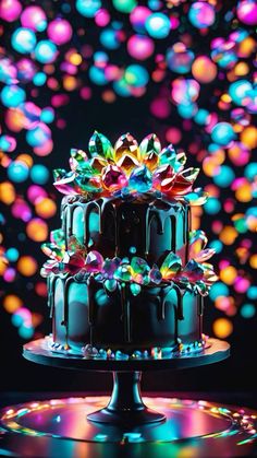 a chocolate cake with colorful lights in the background