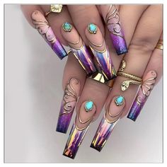 Purple And Gold Design With Rhinestones Nail Art Tattoo, Glitter Nails Acrylic, Nagel Tips, Edgy Nails, Manicure Tips, Nail Type, Flower Nail Designs, Nail Length, False Nail