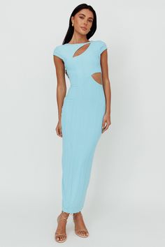 Elenice Cap Sleeve Cut-Out Midi Dress Blue by Selfie Leslie Spring Fitted Maxi Dress With Cut-out Waist, Spring Maxi Dress With Cut-out Waist And Fitted Style, Spring Maxi Dress With Cut-out Waist, Chic Blue Cutout Maxi Dress, Chic Blue Maxi Dress With Cutout, Fitted Short Sleeve Midi Dress With Cutout, Fitted Cutout Midi Dress With Short Sleeves, Fitted Midi Dress With Cutout And Short Sleeves, Blue Maxi Length Dress With Cutout