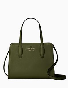 8"h x 10"w x 3.5"dhandle drop: 5"strap drop: 22"pebbled leathermetal pinmount logointerior front slip & back zip pocketdrop in top zip closurestyle # wkr00633Color: Enchanted Green Purse Essentials, Small Tops, Lunch Bag, Kate Spade New York, Kate Spade Top Handle Bag, Enchanted, Kate Spade, Satchel, Top Handle Bag